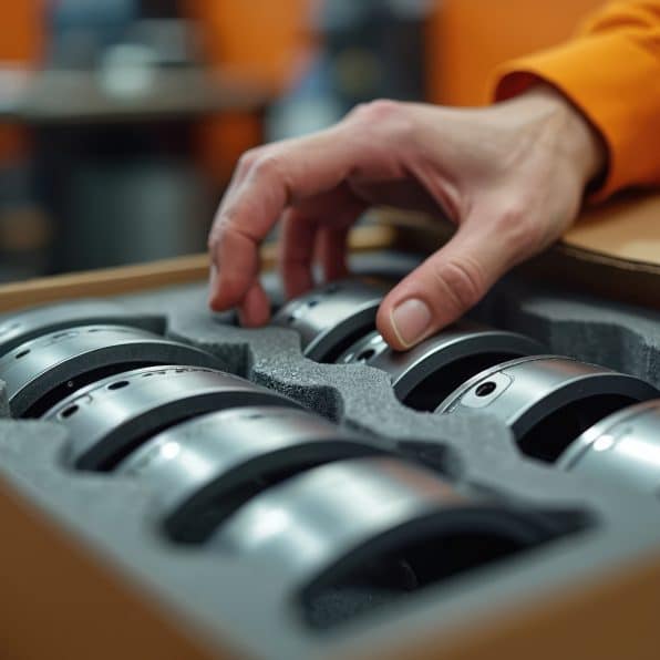 Hand unboxing automotive brake discs from protective packaging. Precision metal rotors packed in cardboard box with foam. Car parts for installation, repair, maintenance, and vehicle engineering.