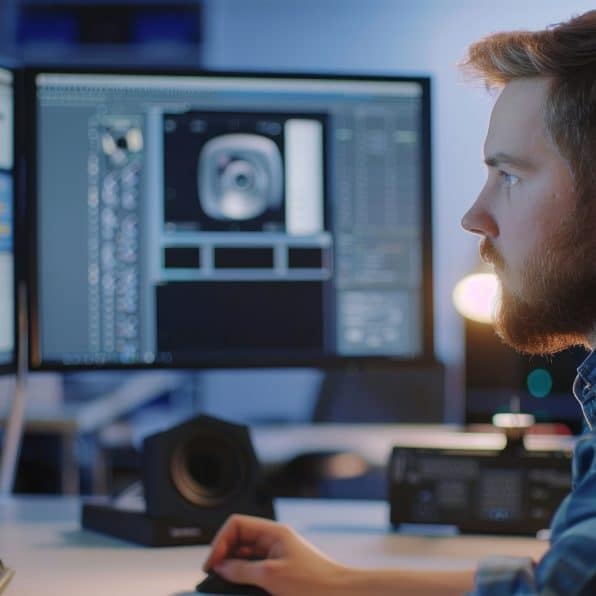 An industrial designer talks with a senior engineer while working on a program to design a new component.