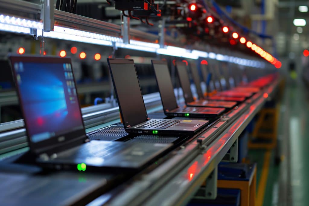 Line of laptops being assembled on an automated production line in a modern factory