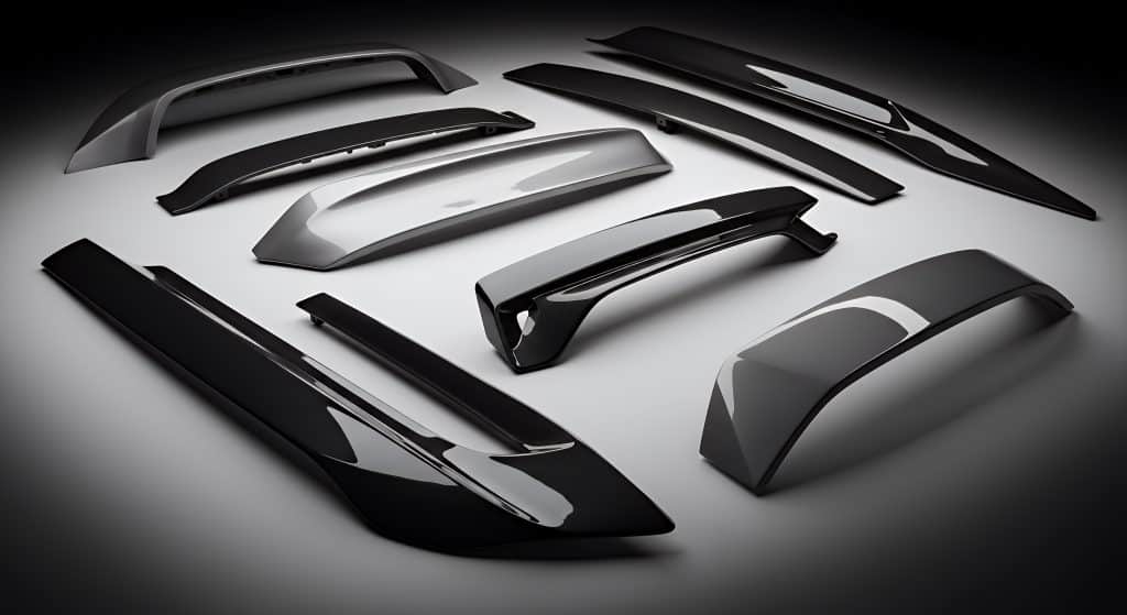 Sleek Black Automotive Exterior Body Panels on Gray Surface