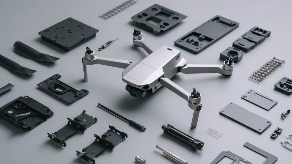 Disassembled modern drone with electronic parts and structural components neatly laid out on grey background ideal for UAV engineering, repair tutorials and tech disassembly visuals