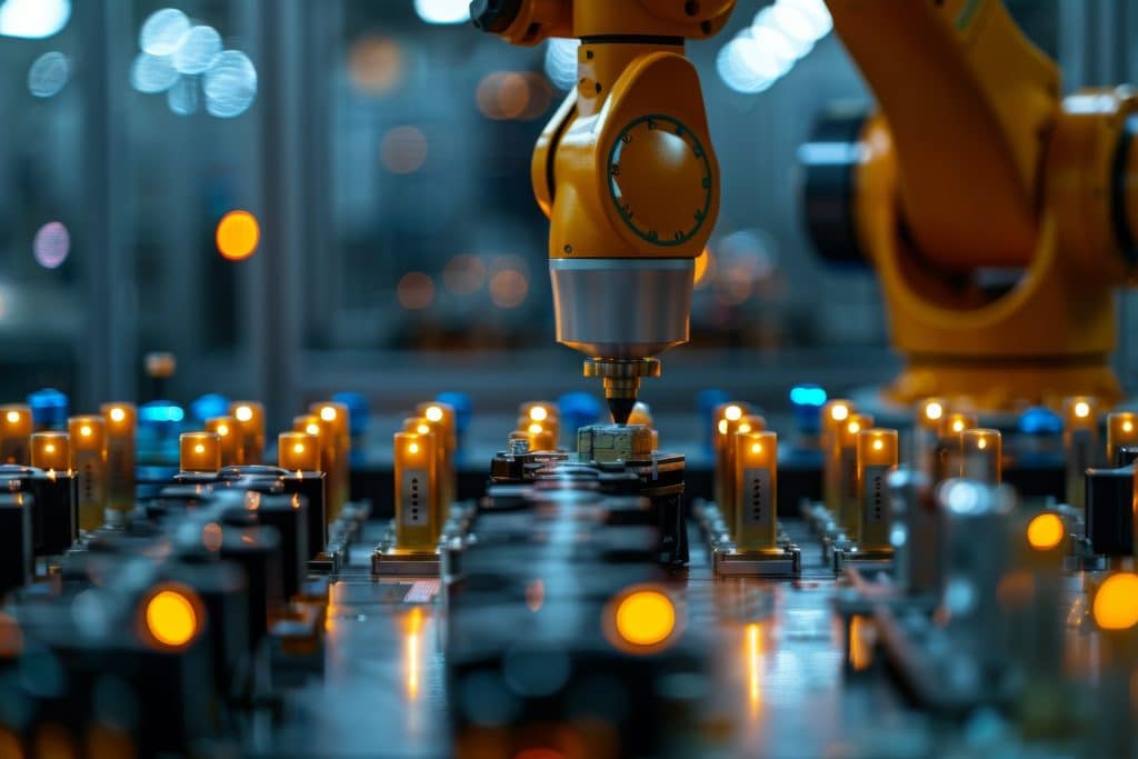 Robotic arm in action calibrating machinery with precision in a modern factory setting