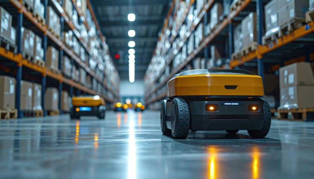 Autonomous delivery robots navigate a modern warehouse, optimizing logistics and revolutionizing supply chain automation